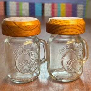Golden Harvest Mini Mason Jar Salt & Pepper Shaker Set Wood Inlay Lids
